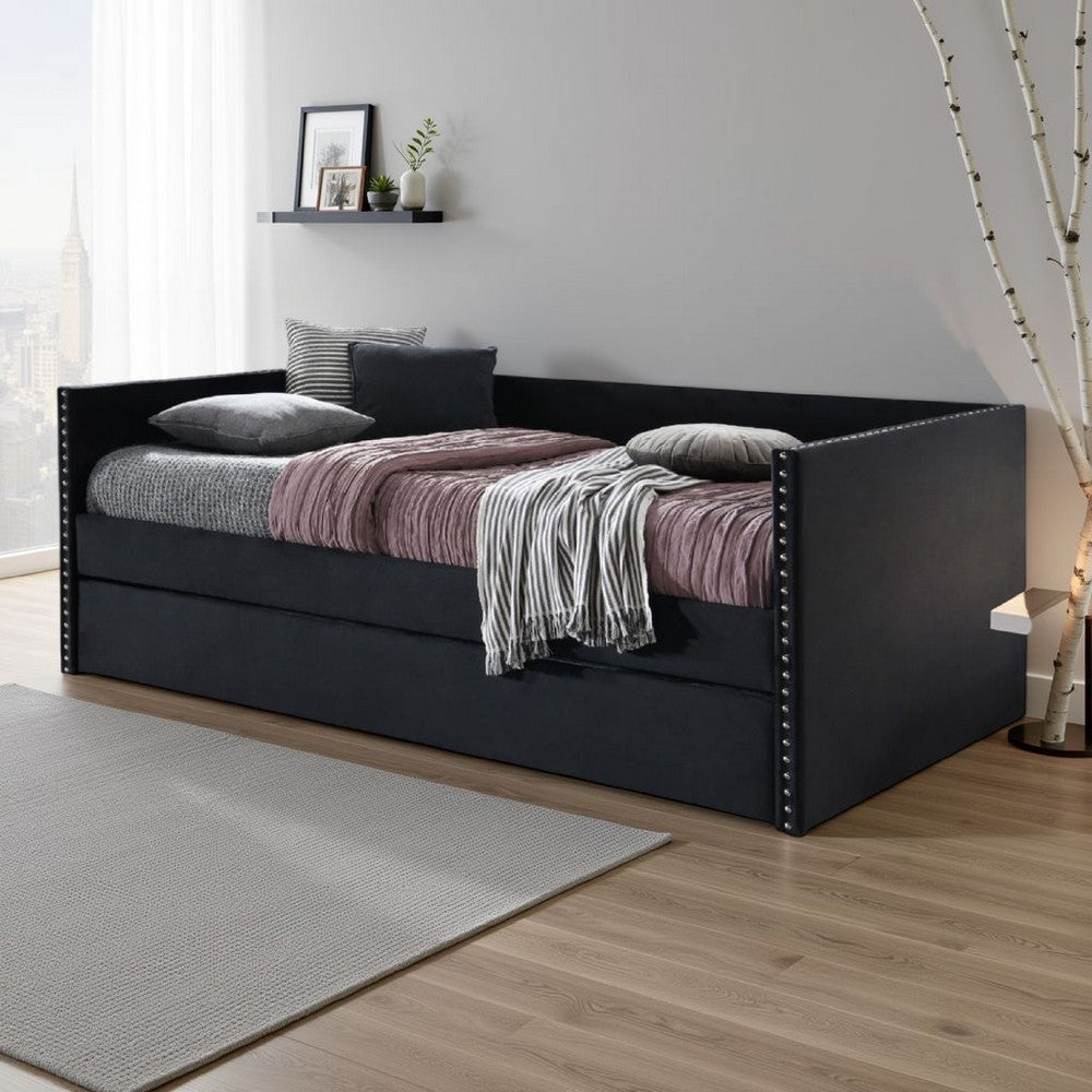 Sery Daybed w Trundle | Black Velvet Upholstery and Nailhead Trim