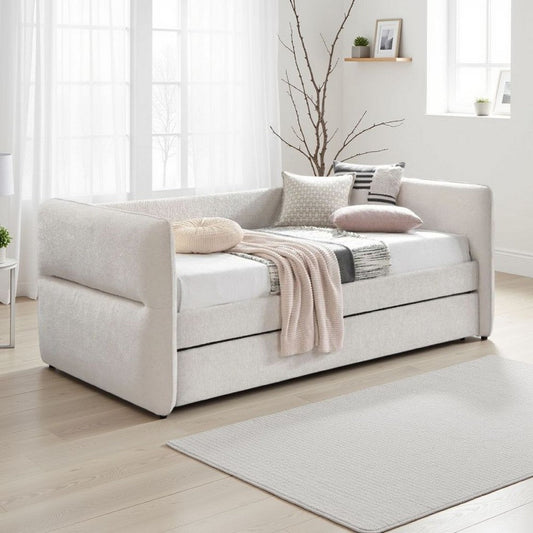Wemy Daybed w Pull Out Trundle | Modern Ivory Chenille Upholstery