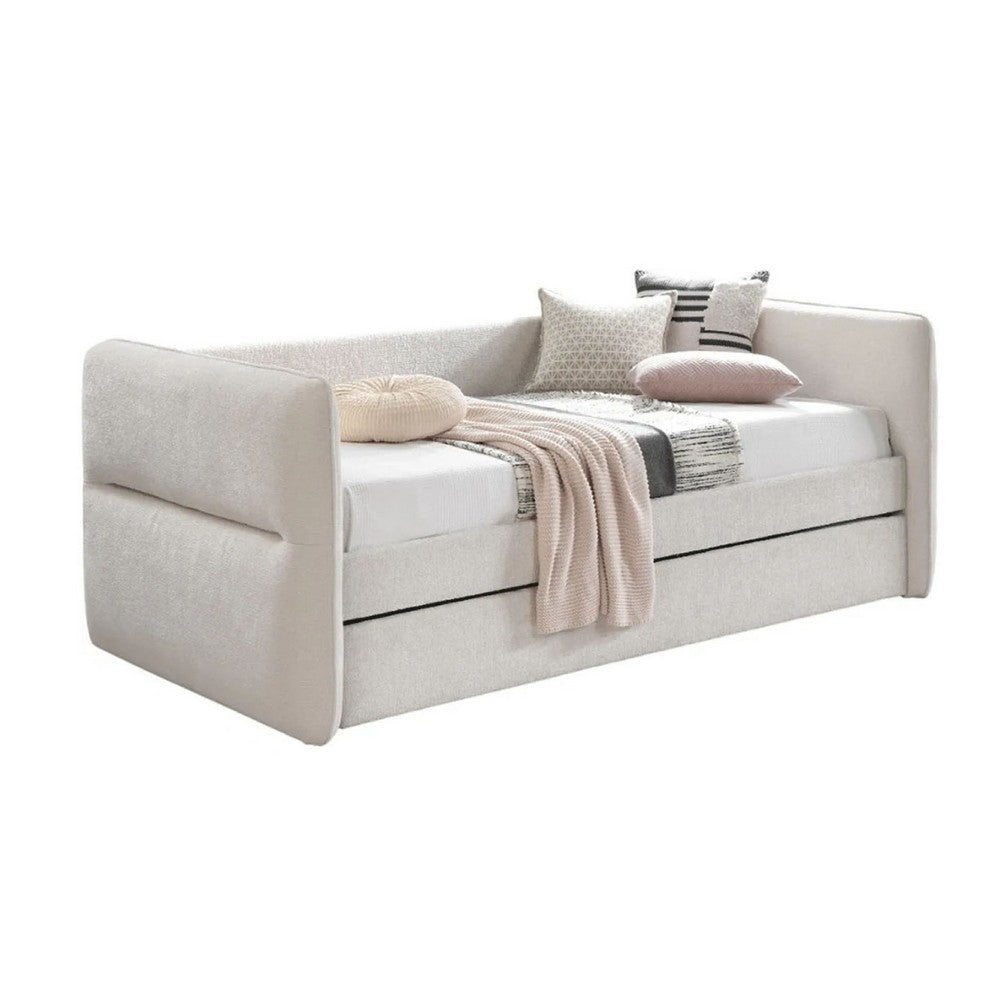 Wemy Daybed w Pull Out Trundle | Modern Ivory Chenille Upholstery