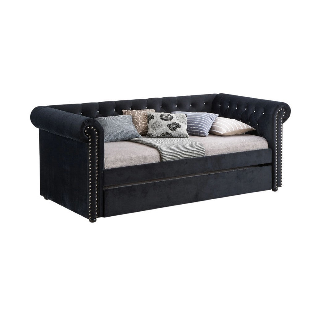 Loe Daybed w Pull Out Trundle | Chesterfield Black Velvet Upholstery