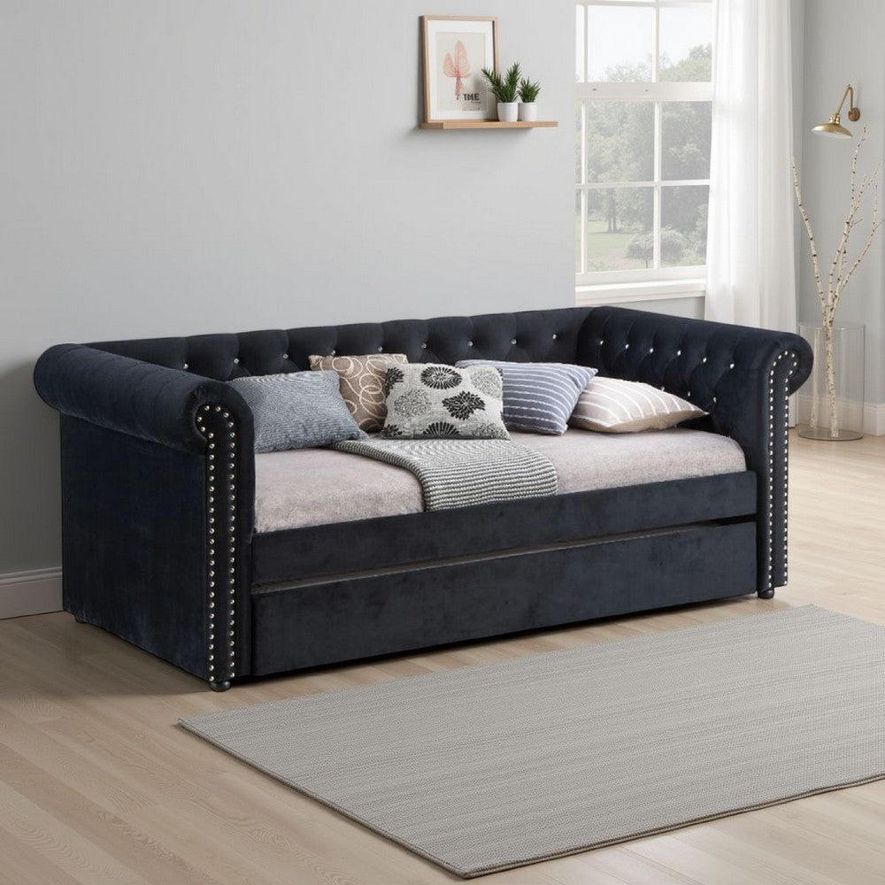 Loe Daybed w Pull Out Trundle | Chesterfield Black Velvet Upholstery