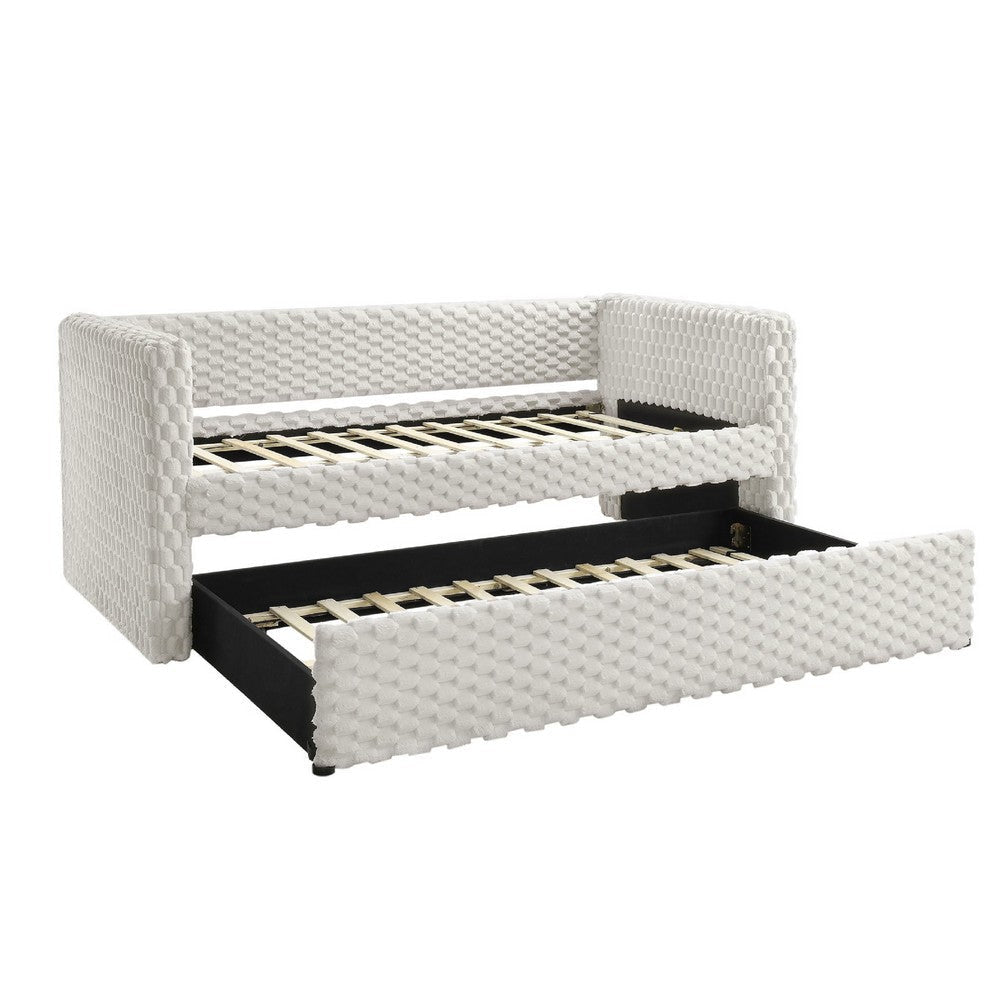 Lya Daybed w Pull Out Trundle | Textured Tufted White Dove Upholstery BM336456
