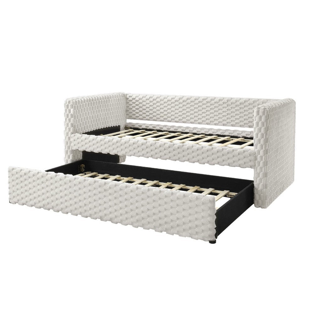 Lya Daybed w Pull Out Trundle | Textured Tufted White Dove Upholstery BM336456