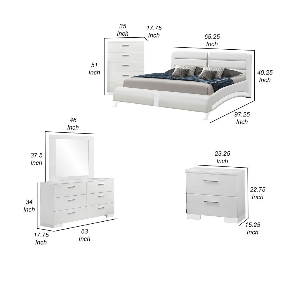 Zor 5 Piece Queen Bedroom Set | White Faux Leather | Chrome Accents