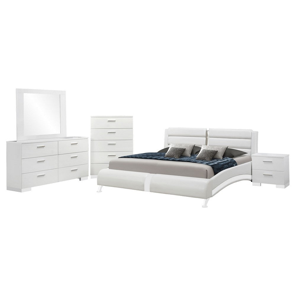 Zor 5 Piece Queen Bedroom Set | White Faux Leather | Chrome Accents