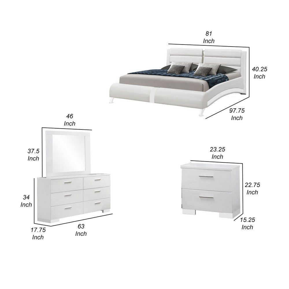 Zor 4 Piece King Bedroom Set | White Faux Leather | Chrome Accents