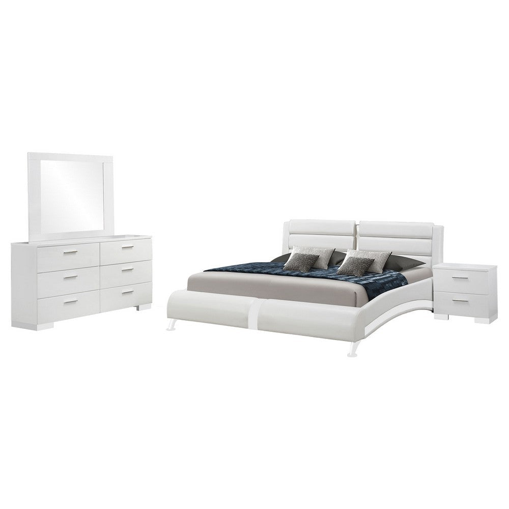 Zor 4 Piece King Bedroom Set | White Faux Leather | Chrome Accents