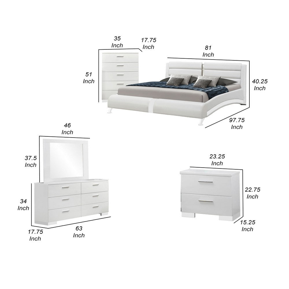 Zor 5 Piece King Bedroom Set | White Faux Leather | Chrome Accents