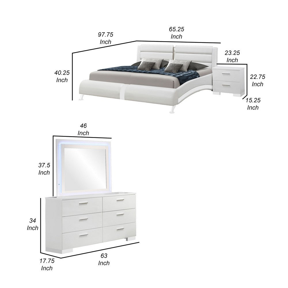 Zor 4pc Queen Size Bedroom Set | White Faux Leather and LED Mirror