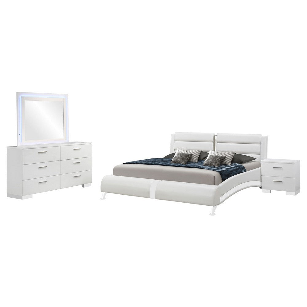 Zor 4pc Queen Size Bedroom Set | White Faux Leather and LED Mirror