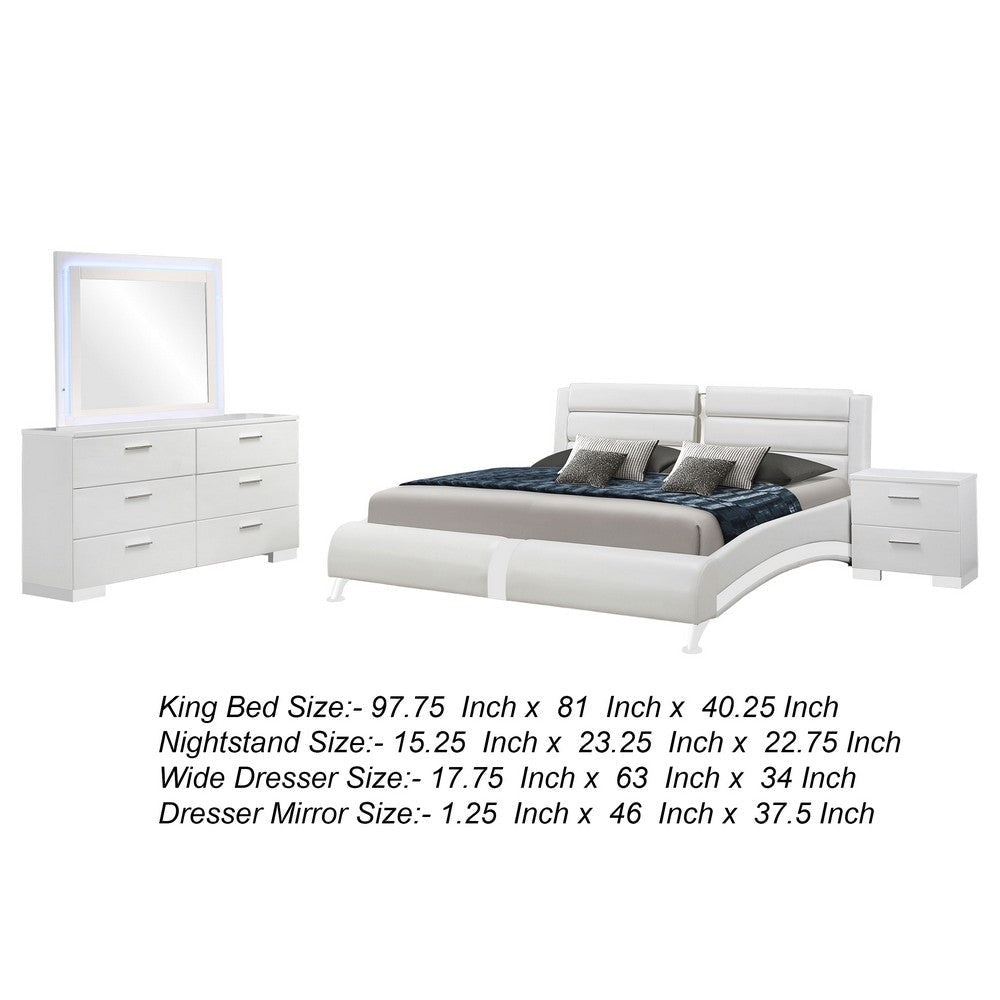 Zor 4pc King Size Bedroom Set | White Faux Leather and LED Mirror
