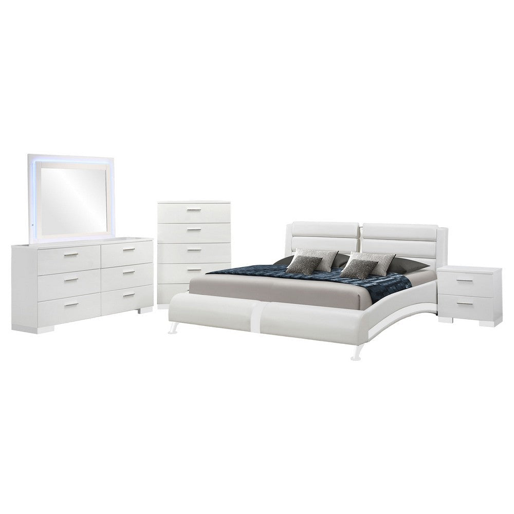 Zor 5pc King Size Bedroom Set | White Faux Leather and LED Mirror