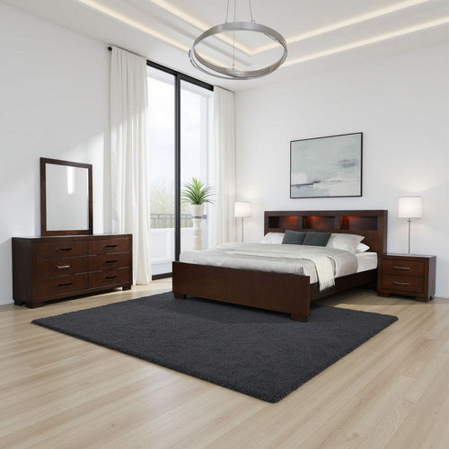 Bela 4 Piece Queen Bedroom Set | Bookcase Headboard | Dark Brown Wood