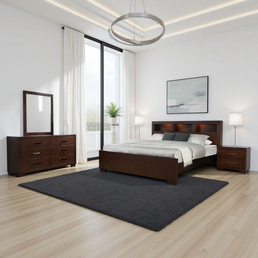 Bela 4 Piece Queen Bedroom Set | Bookcase Headboard | Dark Brown Wood