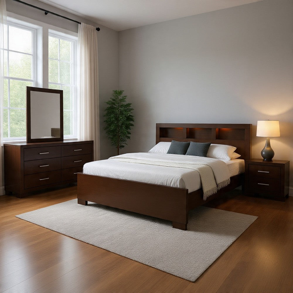 Bela 4 Piece Queen Bedroom Set | Bookcase Headboard | Dark Brown Wood