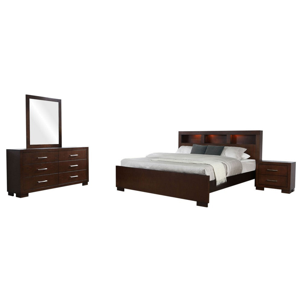 Bela 4 Piece Queen Bedroom Set | Bookcase Headboard | Dark Brown Wood