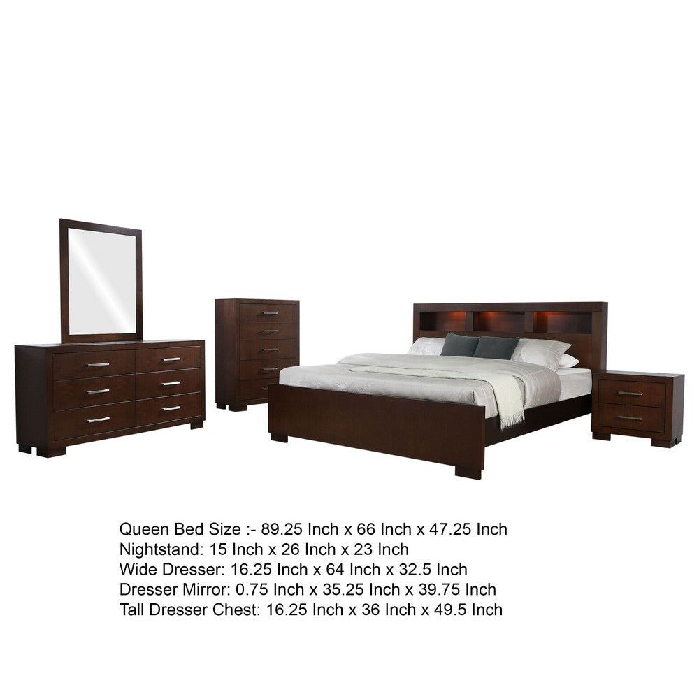 Bela 5 Piece Queen Bedroom Set | Bookcase Headboard | Dark Brown Wood