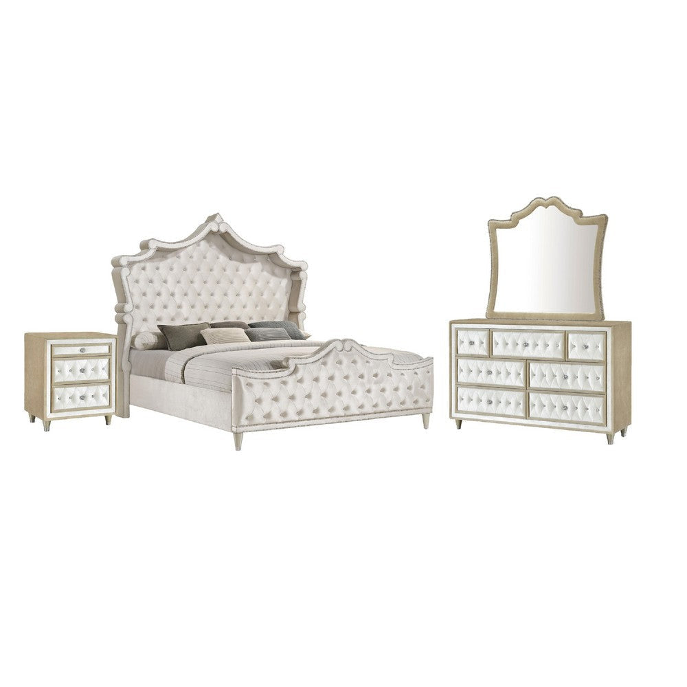 Lino 4 Piece Queen Bedroom Set | Classic Ivory White Velvet Upholstery