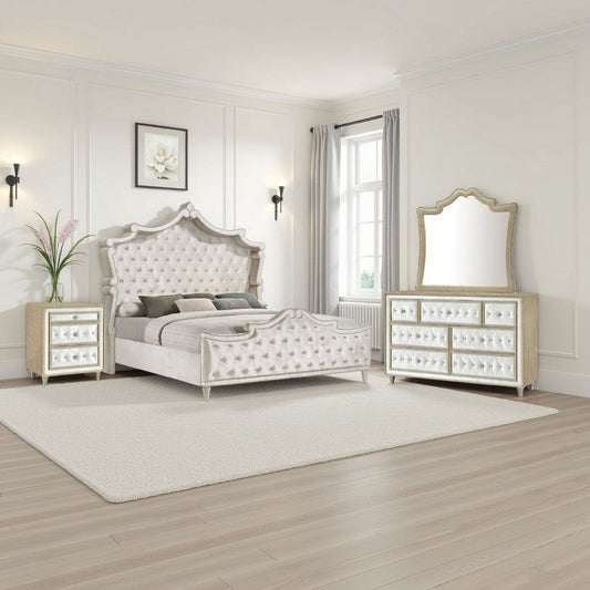 Lino 4 Piece Queen Bedroom Set | Classic Ivory White Velvet Upholstery