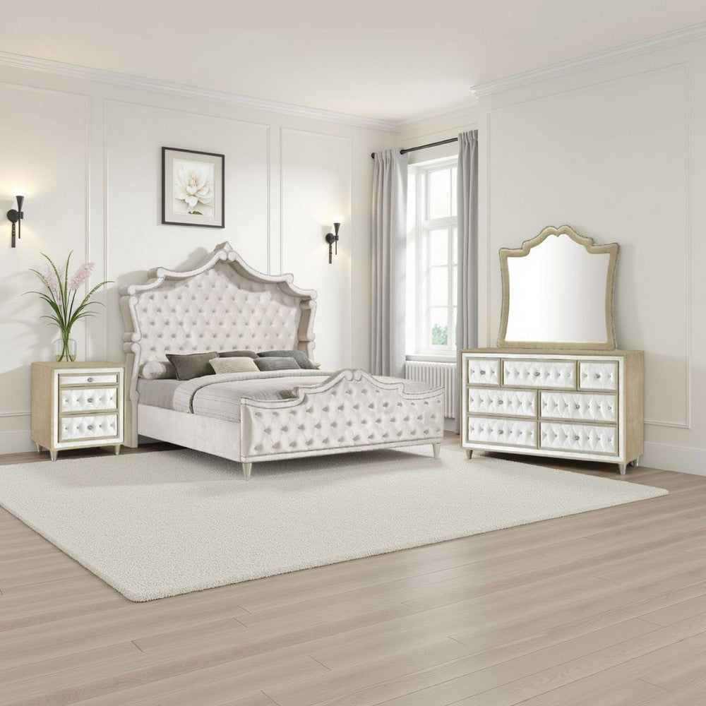 Lino 4 Piece Queen Bedroom Set | Classic Ivory White Velvet Upholstery