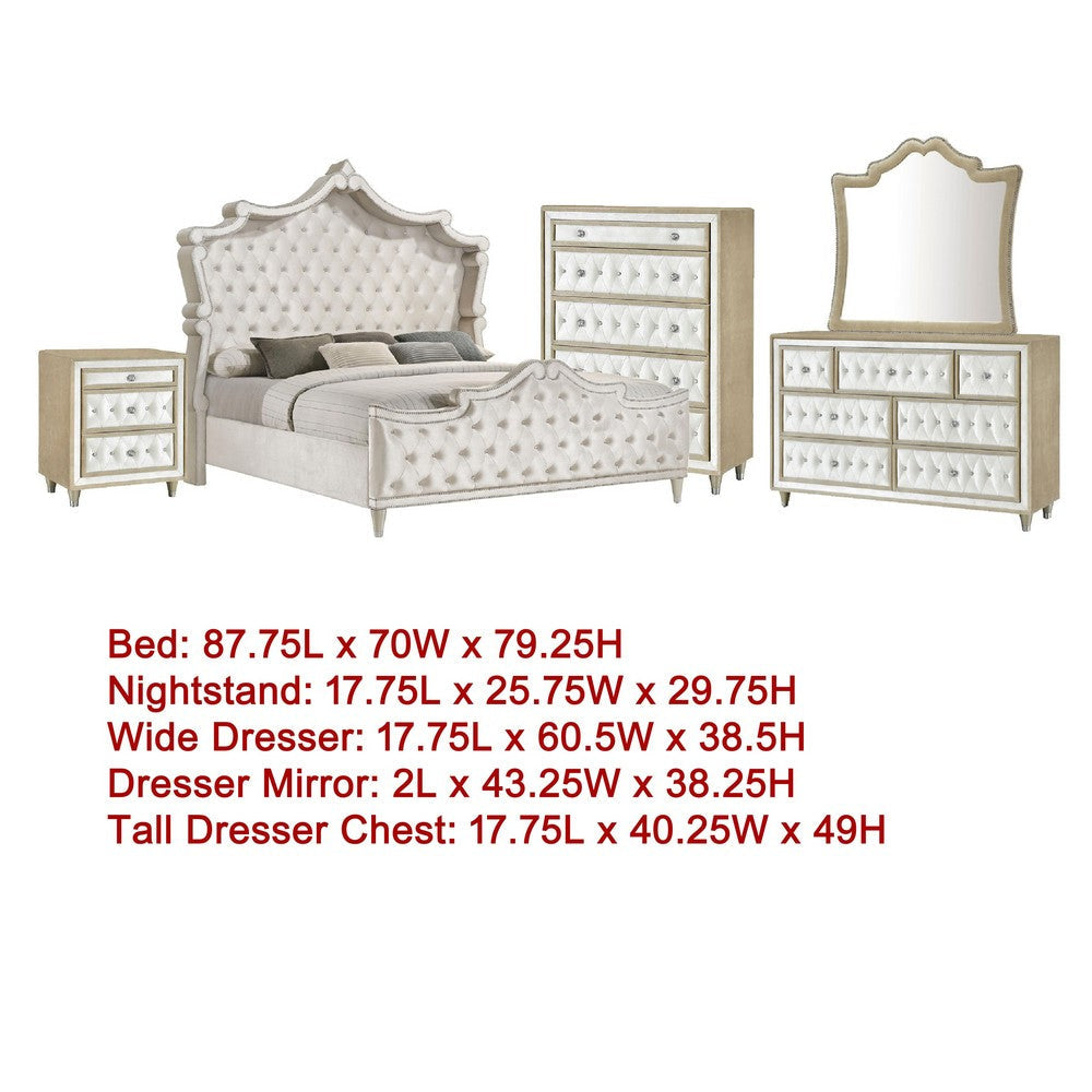 Lino 5 Piece Queen Bedroom Set | Classic Ivory White Velvet Upholstery