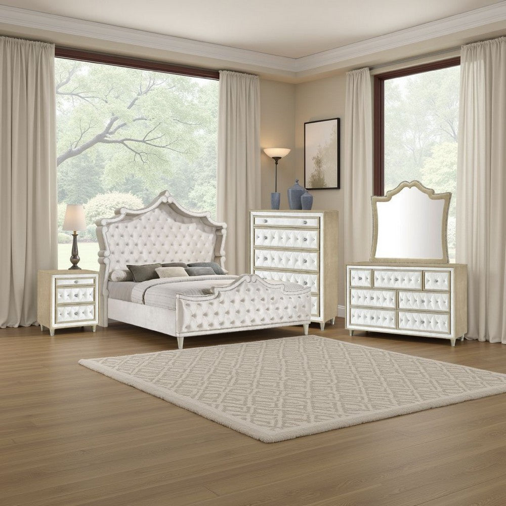 Lino 5 Piece Queen Bedroom Set | Classic Ivory White Velvet Upholstery