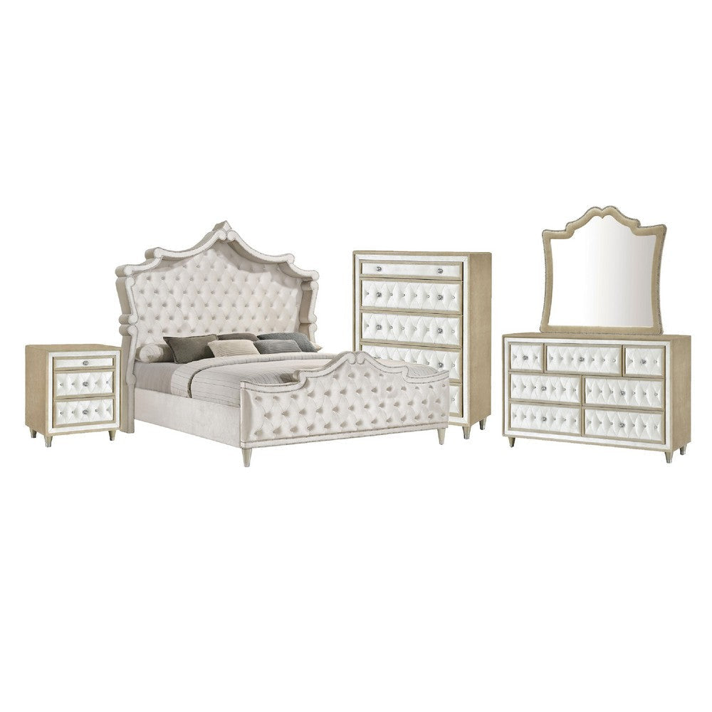 Lino 5 Piece Queen Bedroom Set | Classic Ivory White Velvet Upholstery