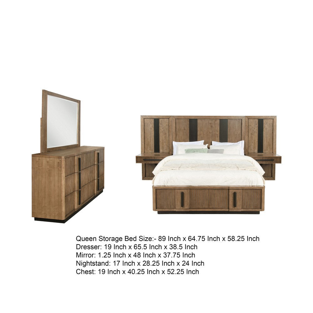 Reon 5pc Queen Storage Bedroom Set | Black Ash Brown Fluted Wall Panel BM336503