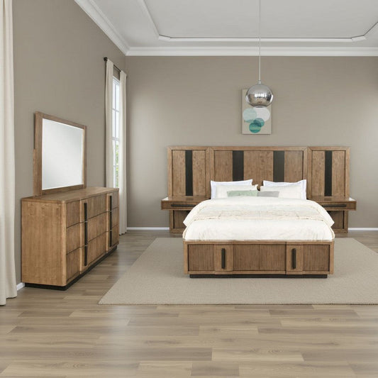 Reon 5pc Queen Storage Bedroom Set | Black Ash Brown Fluted Wall Panel