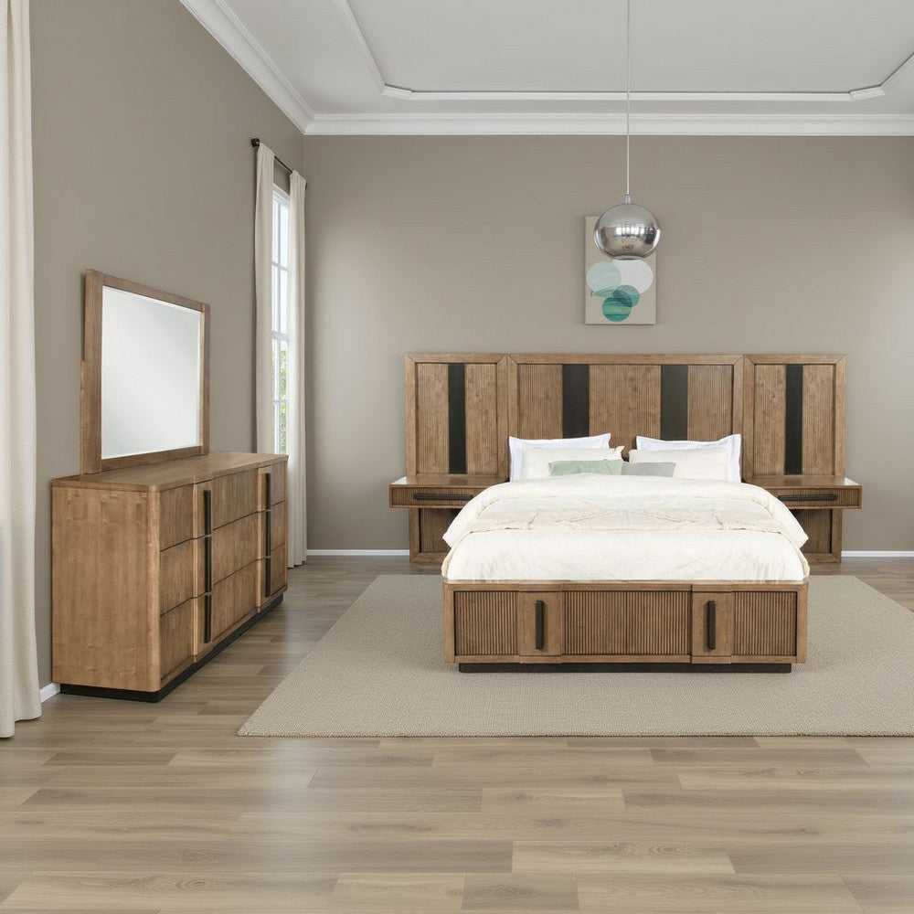 Reon 5pc Queen Storage Bedroom Set | Black Ash Brown Fluted Wall Panel