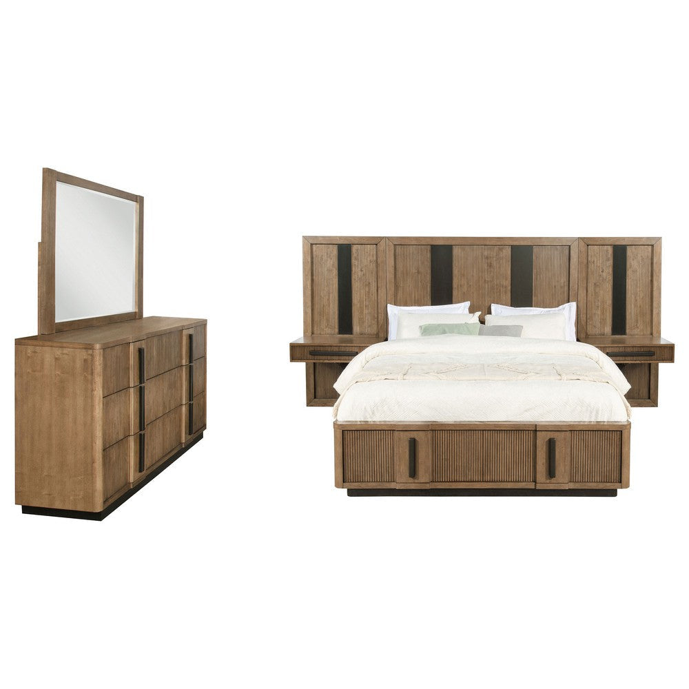 Reon 5pc Queen Storage Bedroom Set | Black Ash Brown Fluted Wall Panel