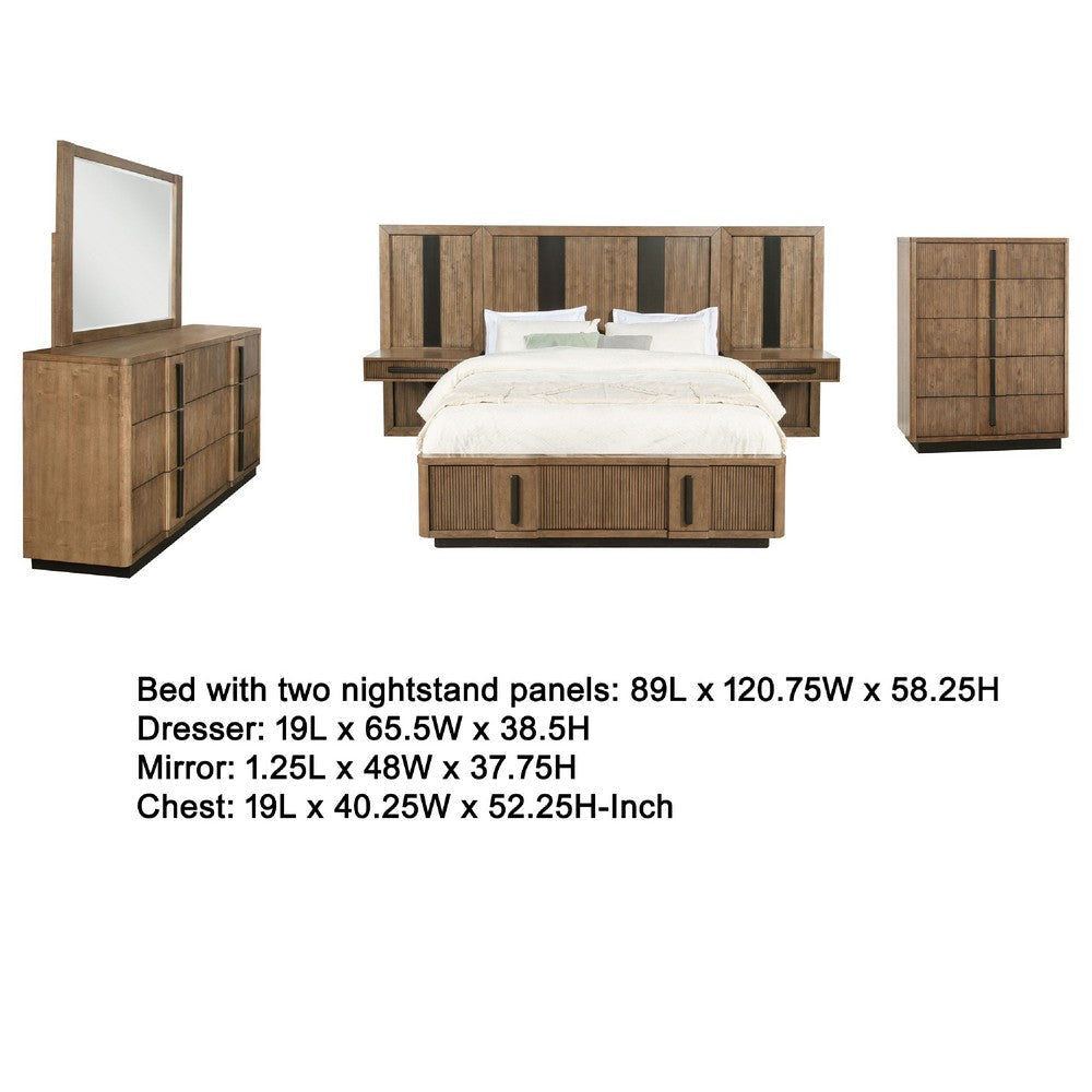 Reon 6pc Queen Storage Bedroom Set | Black Ash Brown Fluted Wall Panel BM336504
