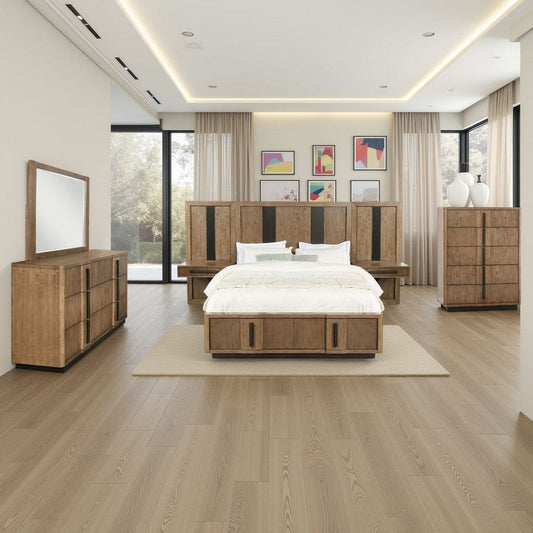 Reon 6pc Queen Storage Bedroom Set | Black Ash Brown Fluted Wall Panel