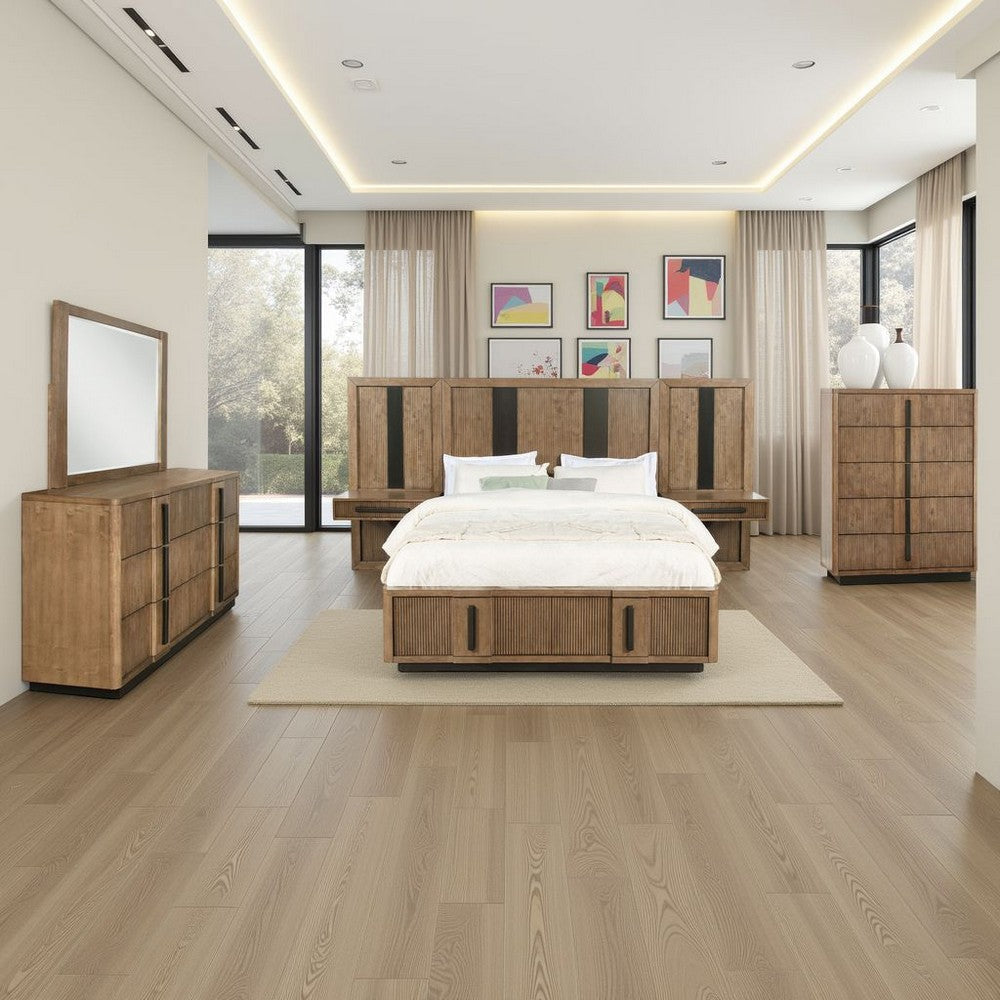 Reon 6pc Queen Storage Bedroom Set | Black Ash Brown Fluted Wall Panel