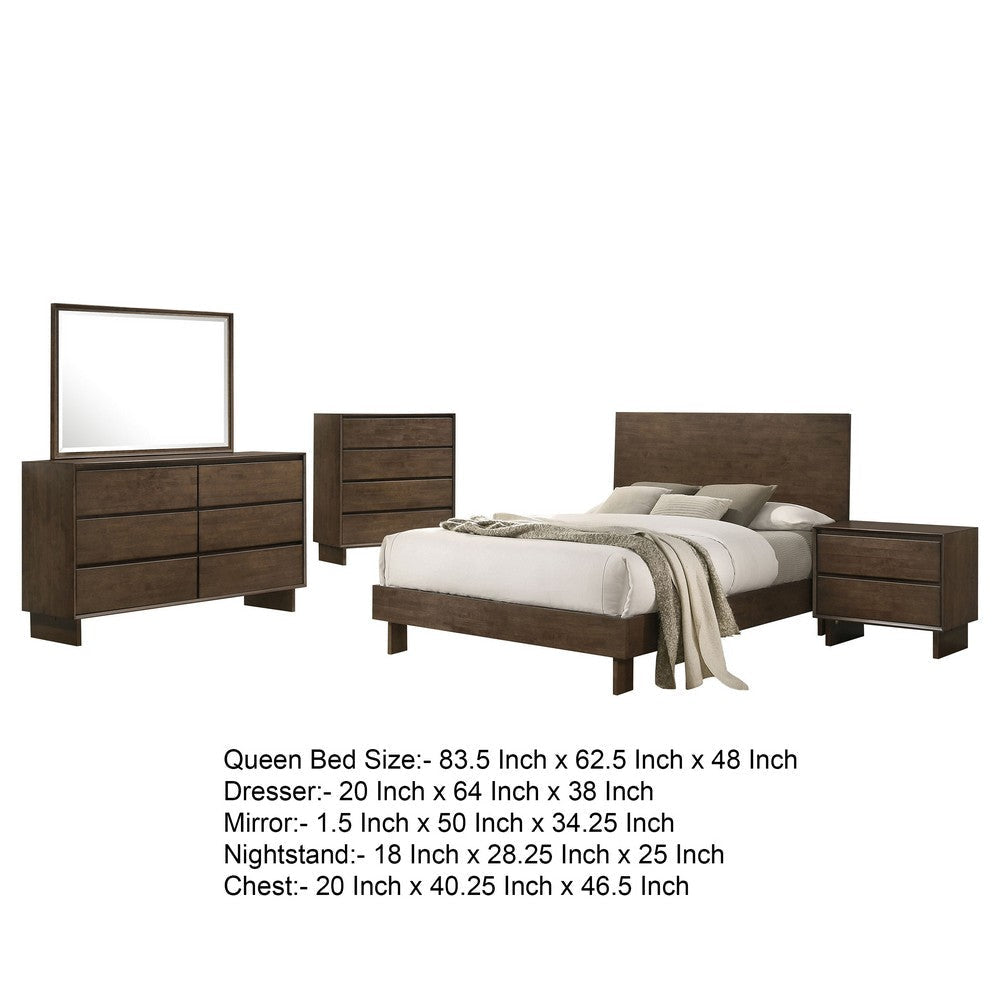 Genu 5pc Queen Size Bedroom Set | Modern Warm Brown Rubberwood