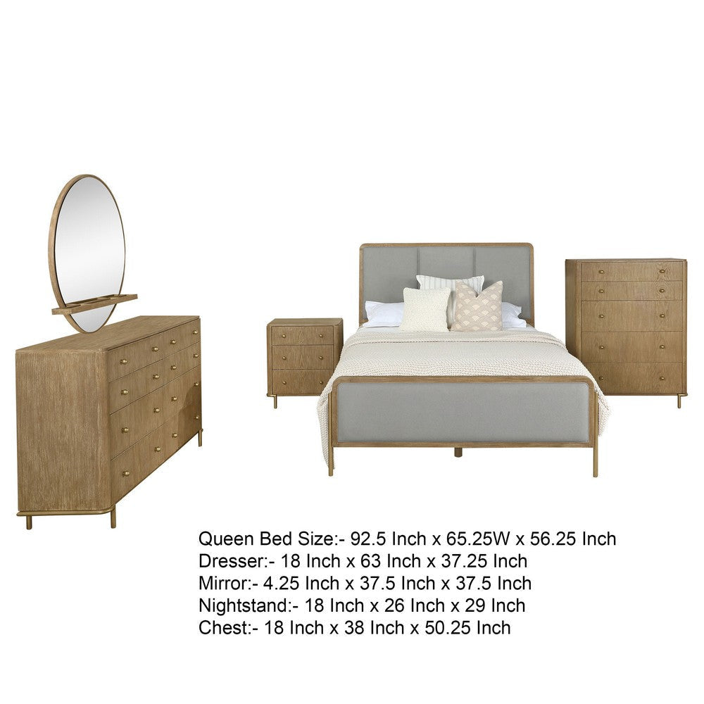 Fij 5pc Queen Bedroom Set | Dresser Mirror | Sand Brown | Gray Fabric
