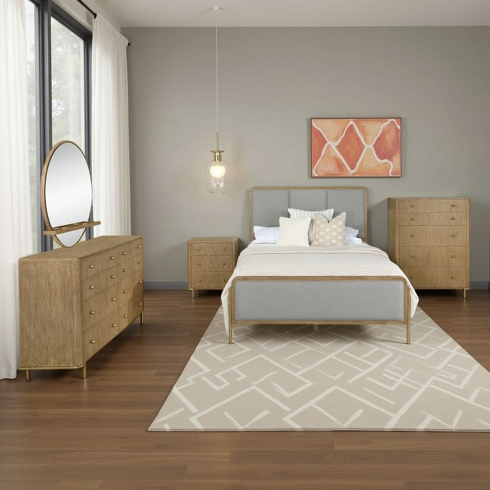 Fij 5pc Queen Bedroom Set | Dresser Mirror | Sand Brown | Gray Fabric