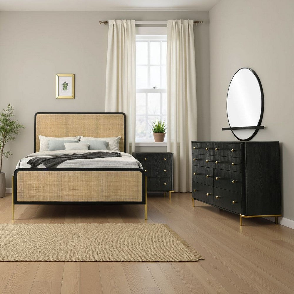 Fij 4pc Queen Bedroom Set w Round Mirror | Natural Brown Rattan Black