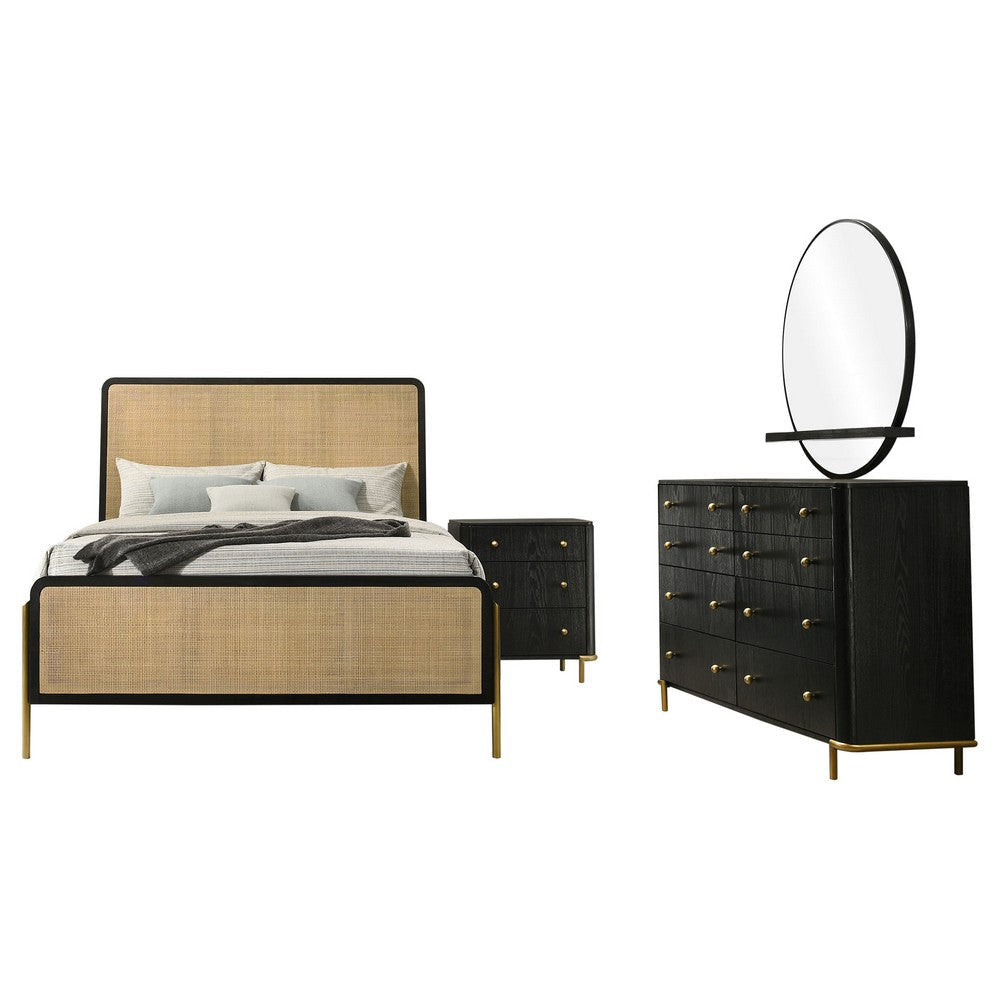 Fij 4pc Queen Bedroom Set w Round Mirror | Natural Brown Rattan Black