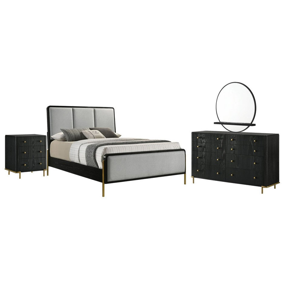 Fij 4pc Queen Bedroom Set | Dresser | Padded Gray Upholstery | Black