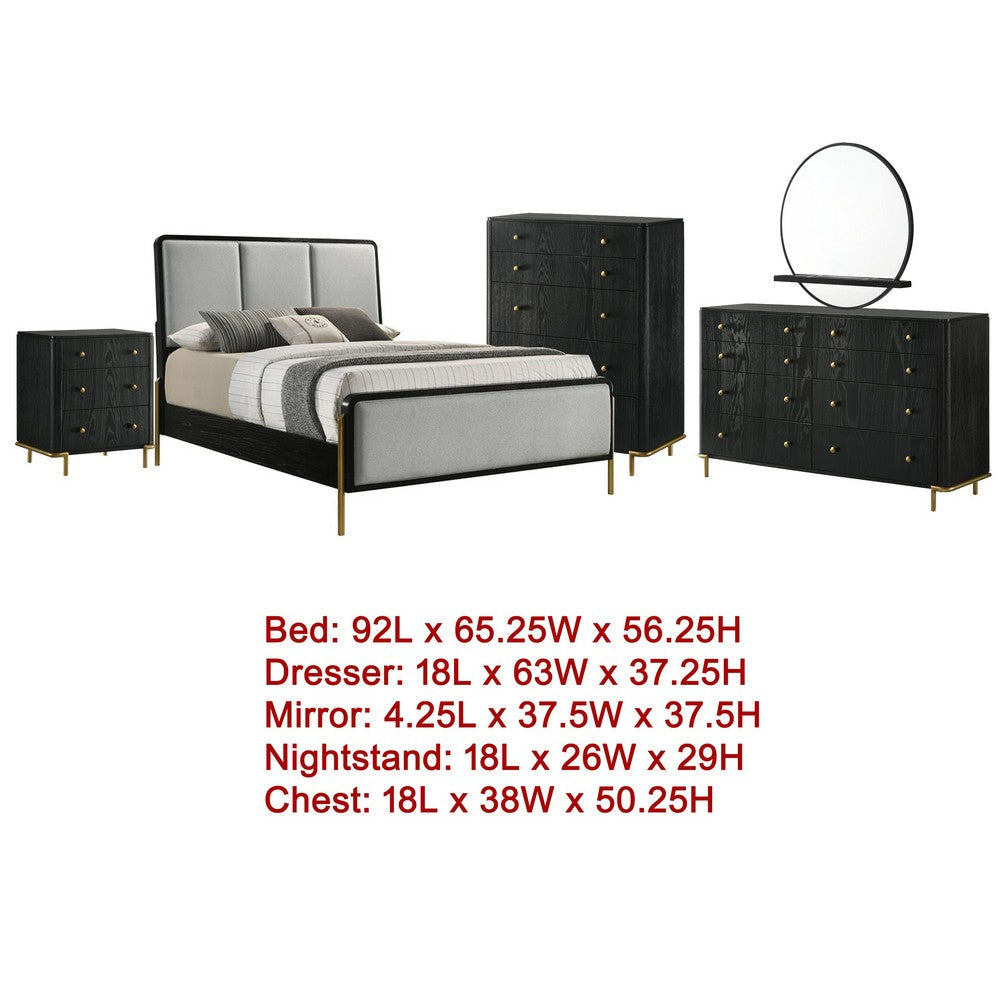 Fij 5pc Queen Bedroom Set | Dresser Chest | Gray Upholstery | Black