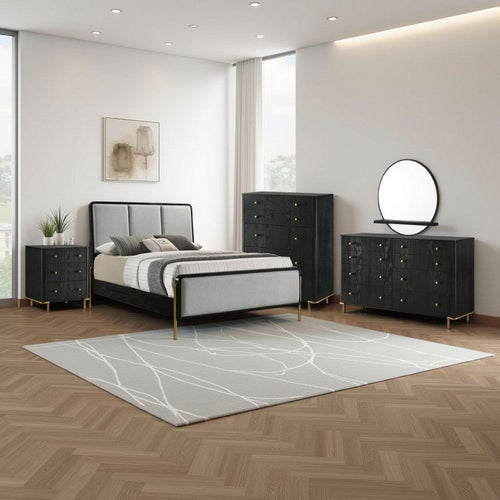 Fij 5pc Queen Bedroom Set | Dresser Chest | Gray Upholstery | Black