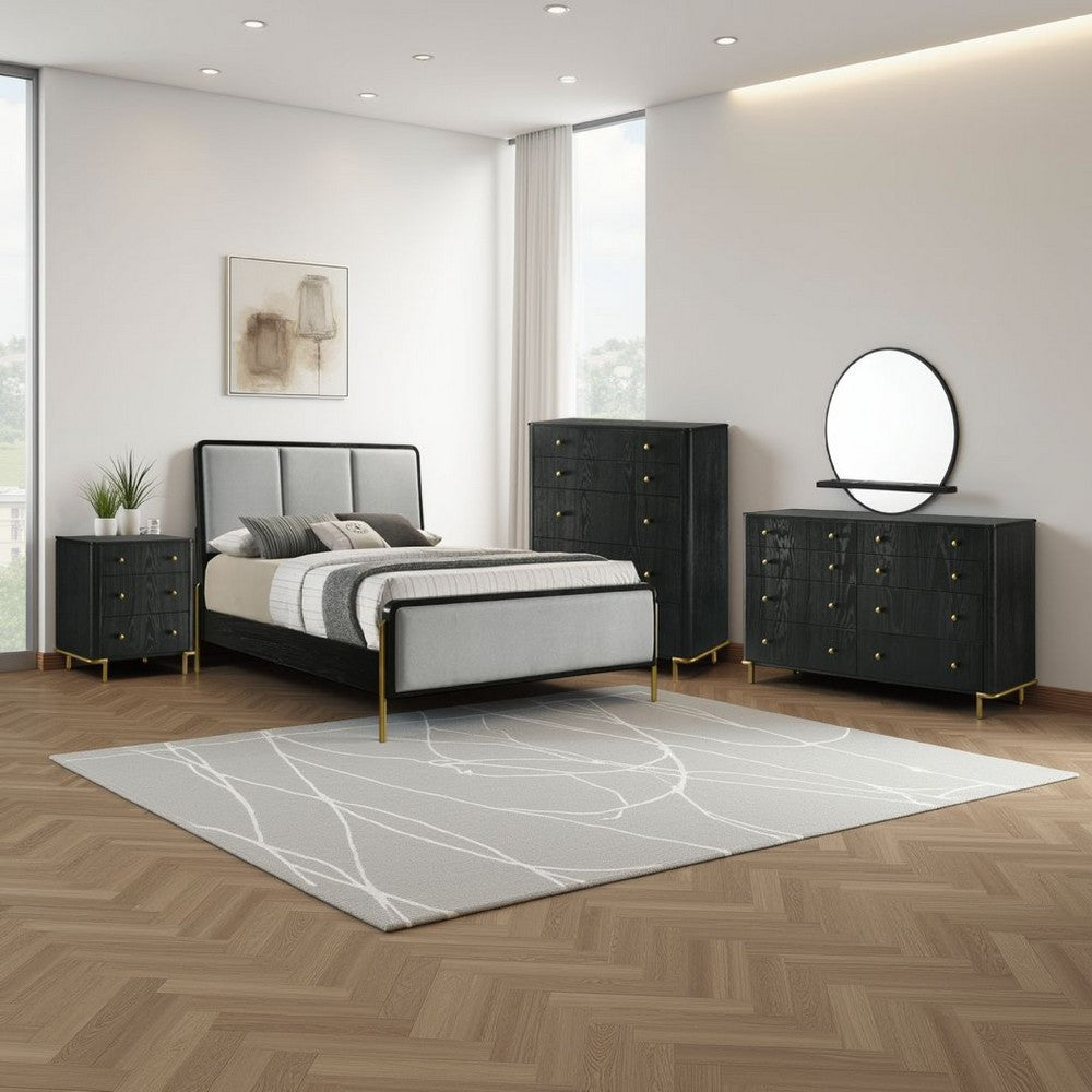 Fij 5pc Queen Bedroom Set | Dresser Chest | Gray Upholstery | Black