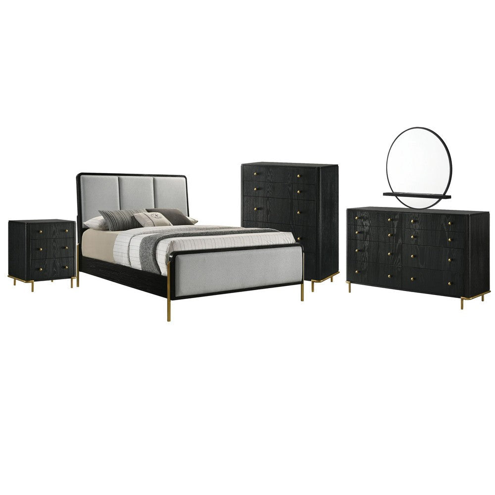 Fij 5pc Queen Bedroom Set | Dresser Chest | Gray Upholstery | Black