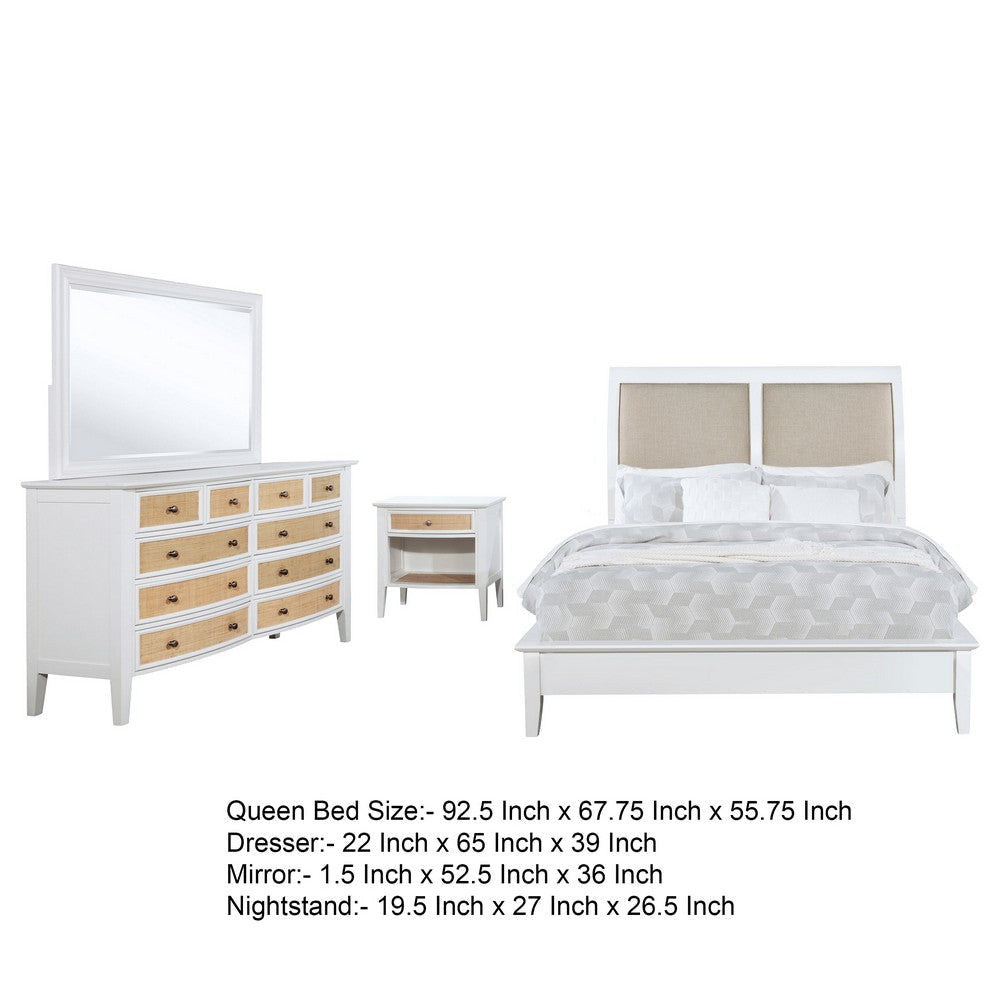 Heo 4pc Queen Bedroom Set | Rattan Woven Drawer | Brown Fabric | White