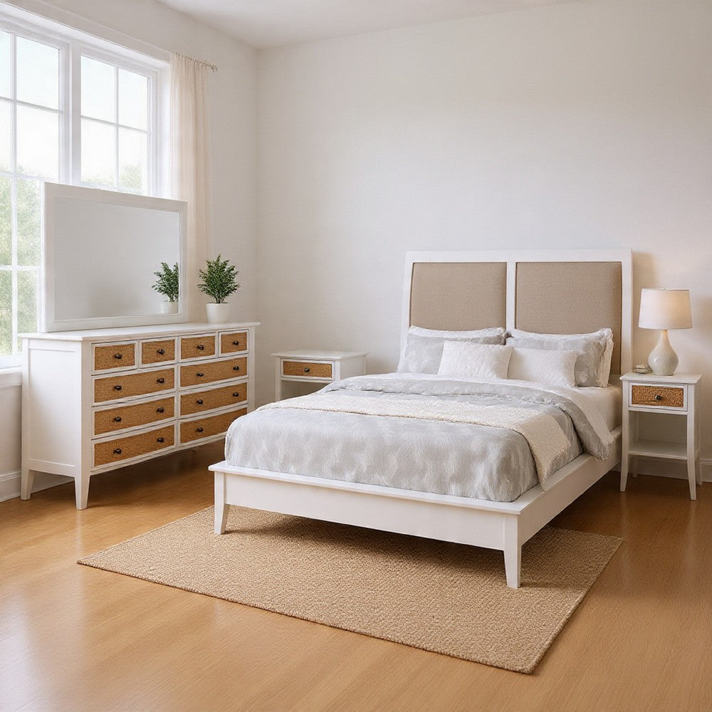 Heo 4pc Queen Bedroom Set | Rattan Woven Drawer | Brown Fabric | White