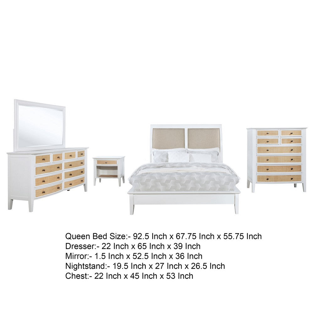 Heo 5pc Queen Bedroom Set | Rattan Woven Drawer | Brown Fabric | White