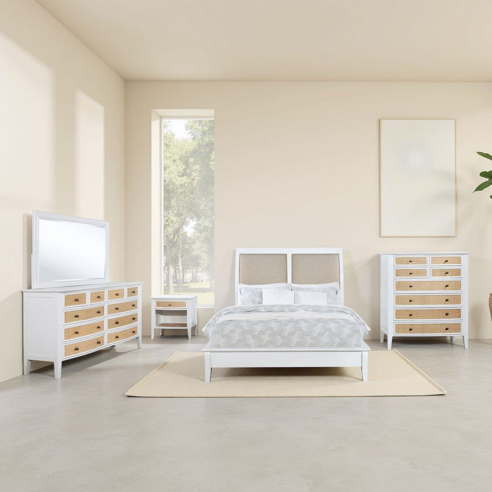 Heo 5pc Queen Bedroom Set | Rattan Woven Drawer | Brown Fabric | White