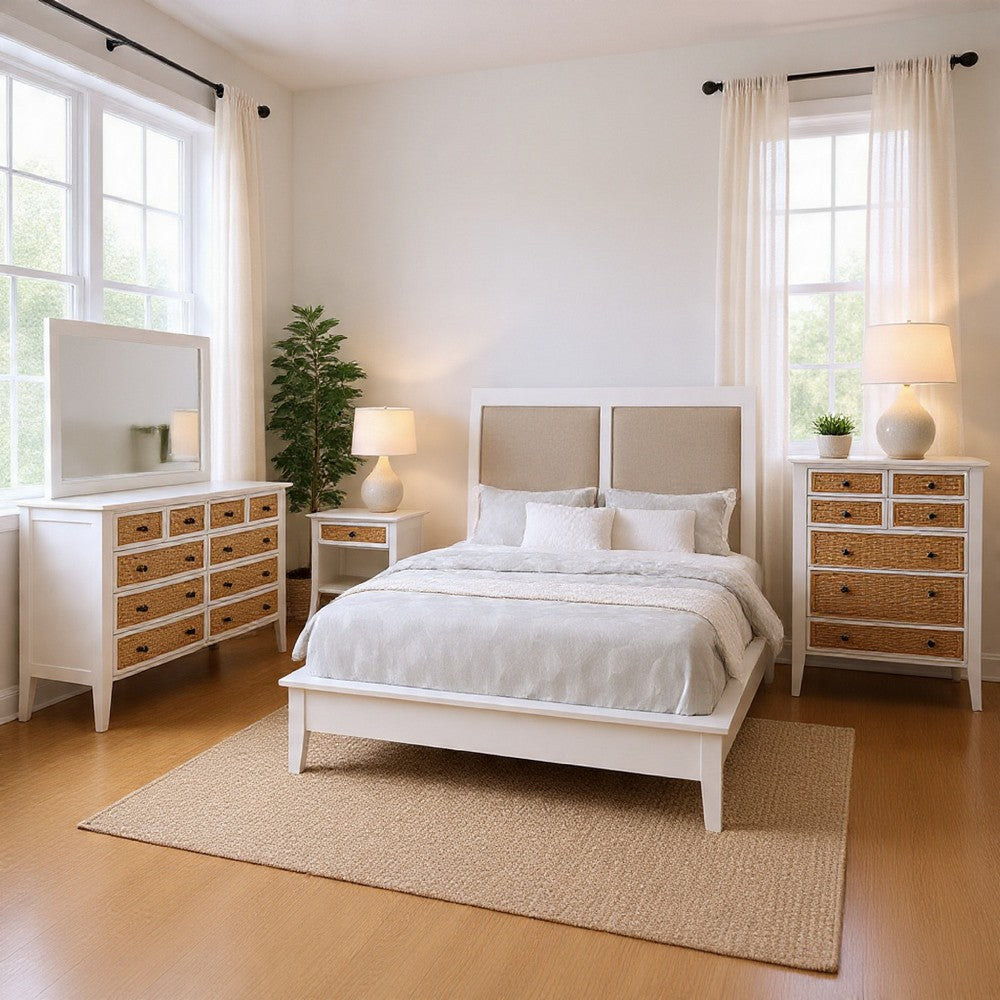 Heo 5pc Queen Bedroom Set | Rattan Woven Drawer | Brown Fabric | White