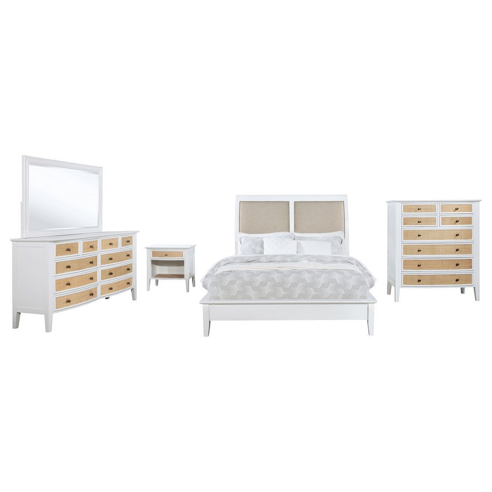 Heo 5pc Queen Bedroom Set | Rattan Woven Drawer | Brown Fabric | White